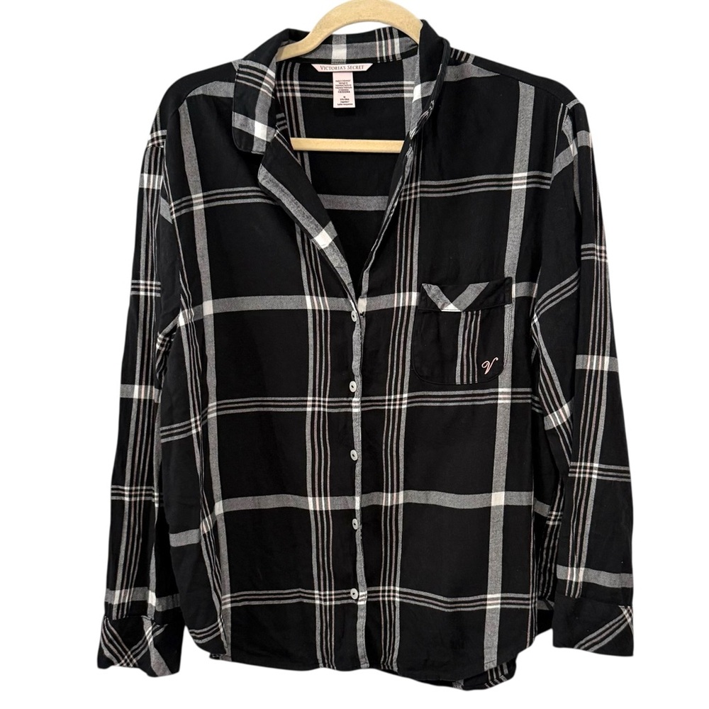 Victoria’s Secret Medium Black Pink Plaid Flannel Pajama Top Long Sleeve